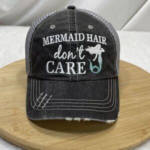 Mermaid Hair Dont Care Hat Womens Cap Mesh Back Distressed Gray Blue Adjustable
